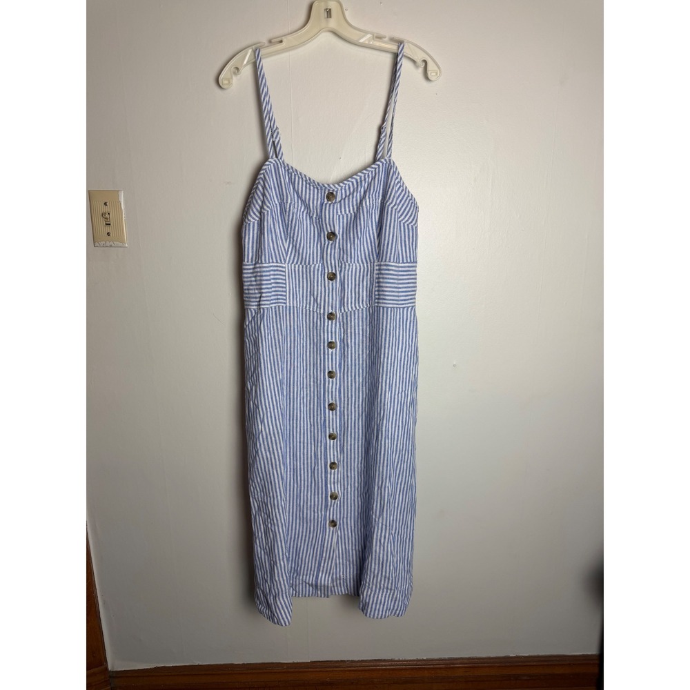 Blue White Striped Linen Blend Button Front Midi Dress XXL euro summer lagenlook
